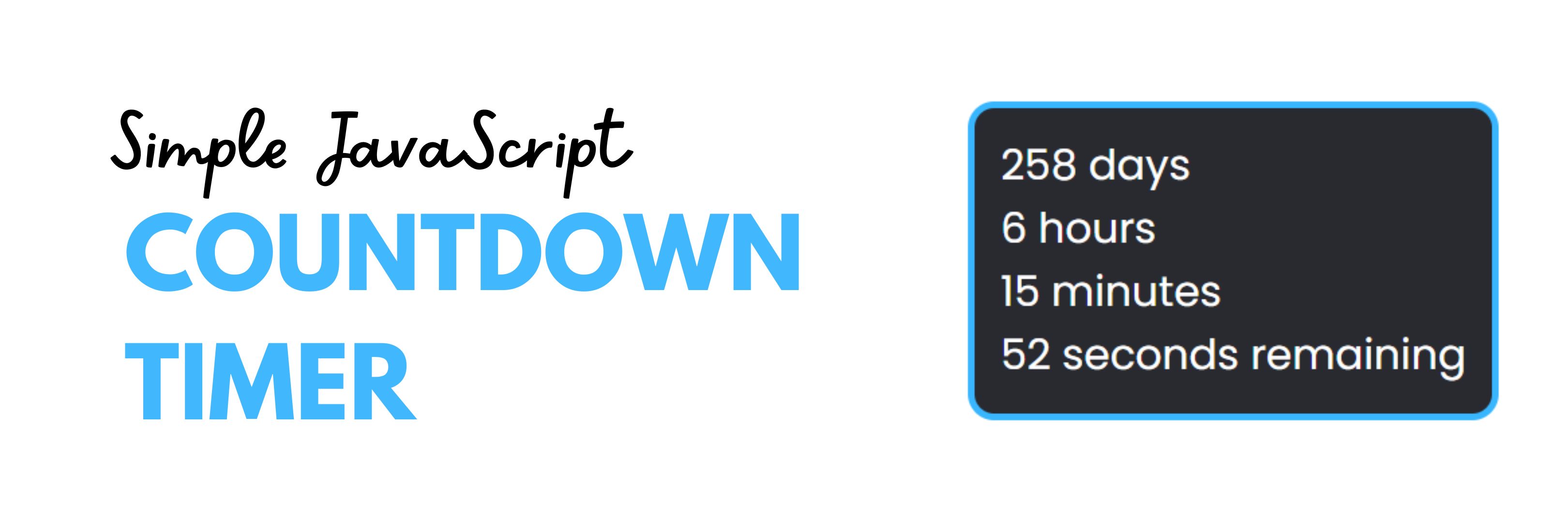 rectangular image with text on the left that reads  JavaScript Countdown Timer and an image of a simple  JavaScript Countdown Timer on the right